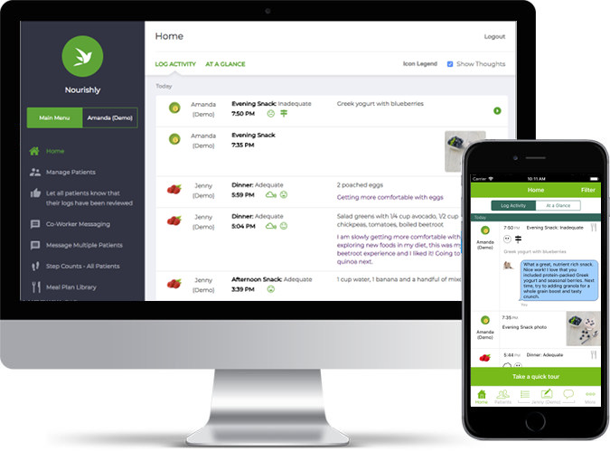 Nourishly coaching app shown on a desktop computer and smartphone